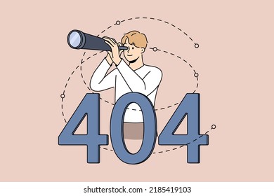 Man with binocular tube on Page Not Found Background. Male looking for information on internet see error page. Vector illustration. 