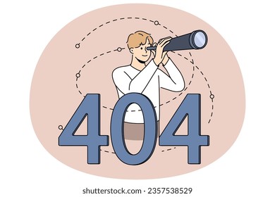 Man with binocular tube on Page Not Found Background. Male looking for information on internet see error page. Vector illustration.
