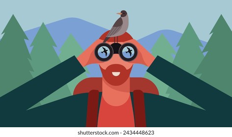 Man with Binoculars Enjoying Bird Watching in the Forest, Exploring Nature and Outdoor Adventure Activity Concept, Flat Vector Illustration Design