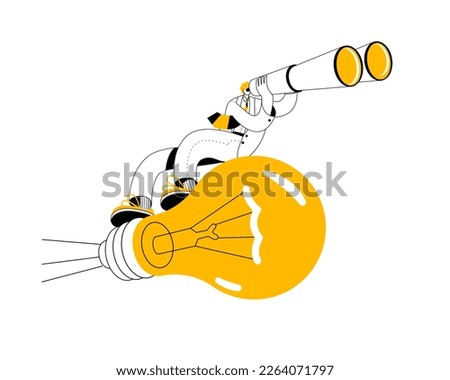 A man with binoculars flies to a large electric light bulb. Vector illustration on the topic of searching for an investor.