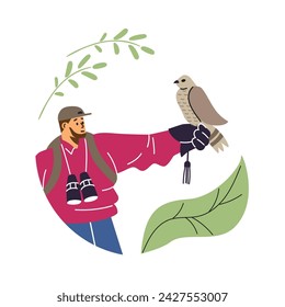 Man with binoculars and hawking glove holding falcon. Falcon training with professional equipment, bird hunting, Falconry. Cartoon vector illustration with foliage