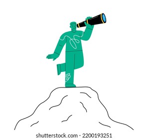 Man with binoculars looking around. Future vision concept. Colorful vector illustration
