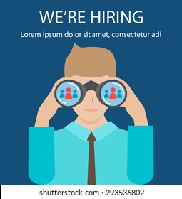 Man with binoculars looking for the best suited employee. HR, recruiting, we are hiring concepts, vector illustration. 