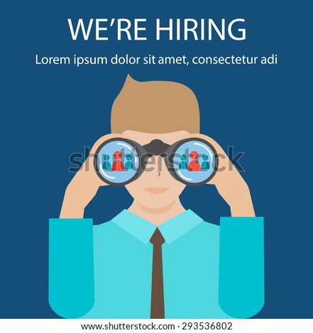 Man with binoculars looking for the best suited employee. HR, recruiting, we are hiring concepts, vector illustration. 