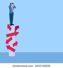 Man binoculars over confusing road signs, illustration for choice.