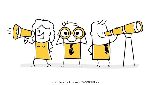 Man with binoculars and spy glass, women with loudspeaker. Concept employee, job and candidate search. Stick figure. Doodle style. Vector illustration.