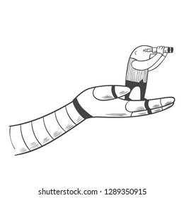 A man with binoculars is standing on an artificial robot arm.