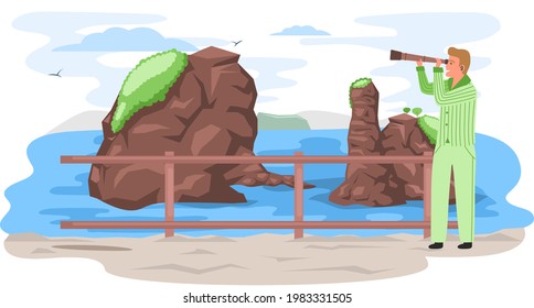 Man with binoculars stands on observation deck and looks at mountaines in sea during travel. Guy with spyglass on excursions. Person traveler is resting against sky and nature on sightseeing tours