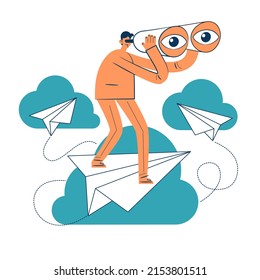 A man with binoculars stands on a paper plane surrounded by clouds. Business goal search concept. The eyes look ahead. Strategy Vision of the future.