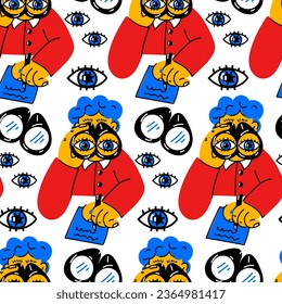 A man with binoculars watches and records the pattern. Observation and recording. A man or a student looks through binoculars and writes something. People search agency, vacancies, private detective