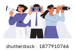 Man with binoculars, women with loudspeaker and spy glass. Concept employee, job and candidate search. People or office employees stand together and looking for new business or career opportunities.