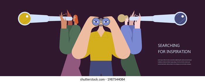 Man with binoculars, women with spy glass. Creative or educational process banner, ad, landing page or poster for web design studio, startup or courses.