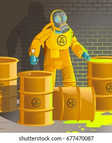 man in biohazard antiradioactive suit fixing nuclear toxic waste barrels