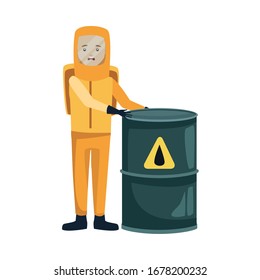 man with biohazard suit and barrel character vector illustration design