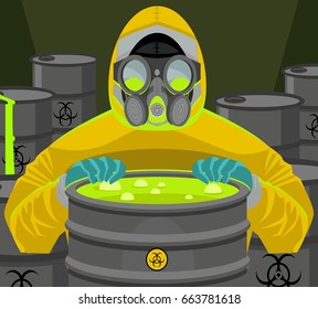 man in biohazard yellow suit opening a radioactive barrel in a warehouse
