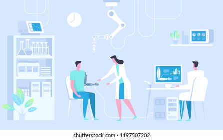 Man with bionic arm. Artificial hand. Science lab. Future medicine. Vector illustration