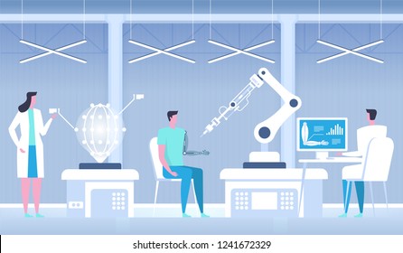Man with bionic arm. Artificial hand. Science lab. Future medicine. Vector illustration