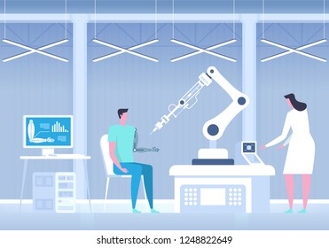 Man with bionic arm. Artificial hand. Science lab. Future medicine. Vector illustration