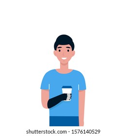 Man with bionic arm hold drink. Disabled person with prosthesis. Male with a mechanical hand. Flat vector cartoon illustration.
