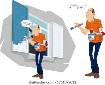 Man with bionic arm Painting Shutters of Home. Stock Illustration.