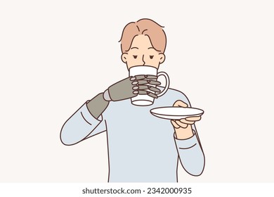 Man with bionic prosthetic arm drinks coffee feeling like complete person thanks to innovations in medicine. Guy uses high-tech prosthetic hand and enjoys life holding mug of hot tea