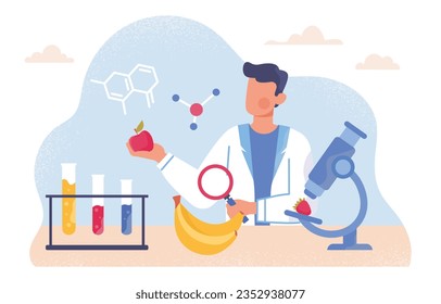 Hombre con concepto de biotecnología. Joven con uniforme médico con frutas y microscopio en laboratorio. Carácter con plátano y fresa con lupa. Dibujo vectorial plano de dibujos animados