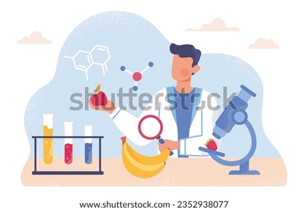 Man with biotechnology concept. Young guy in medical uniform with fruits and microscope in lab. Character with banana and strawberry with magnifying glass. Cartoon flat vector illustration