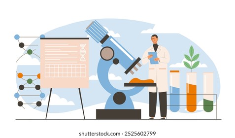 O homem com biotecnologia. Jovem de uniforme médico com estetoscópio examina reagentes. Tecnologia científica. Experimentos em laboratório. Ilustração de vetor plano isolada no plano de fundo branco