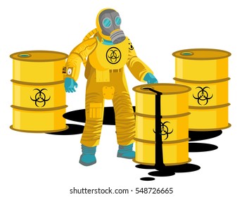 man in biozahard yellow suit near a barrel cans leak