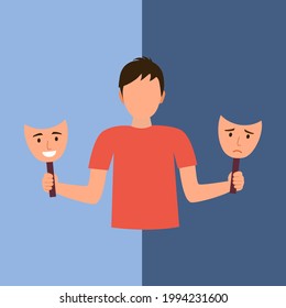 Man With Bipolar Disorder Symptom In Flat Design. Bipolar Patient With Mood Swings Sometimes In A Good Mood Sometimes Sad.