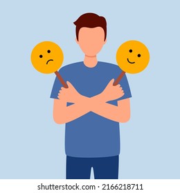 Man With Bipolar Disorder Symptom In Flat Design. Bipolar Patient With Mood Swings Sometimes In A Good Mood Sometimes Sad.