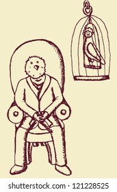 Man with bird had and bird with man body in cage, satire vector illustration, sketch