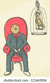 Man with bird had and bird with man body in cage, satire vector illustration