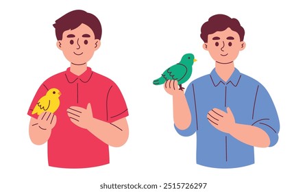 Man met vogel, man met vogel in zijn armen tonen liefde en zorg