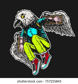 man in bird mask and wings jump to fly hand drawing colored