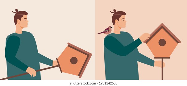 Man with birdhouse isolated. Flat vector stock illustration. Birdhouse for birds. Ornathology concept. caring for nature. Eco-friendly lifestyle. Taking care of the birds. Vector illustration