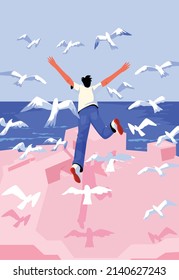 A man with birds flying aesthetic vector illustration drawing 