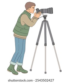 man birdwatching with telephoto camera on tall tripod in outdoor clothes