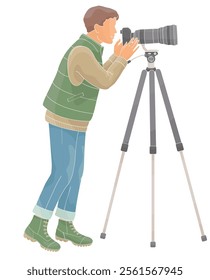  man birdwatching with telephoto camera on tall tripod in outdoor clothes