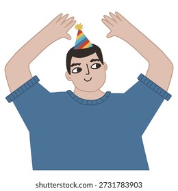 A man in a birthday hat has fun. A man is dancing, celebration. Vector illustration