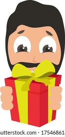 Man with birthday present, illustration, vector on white background