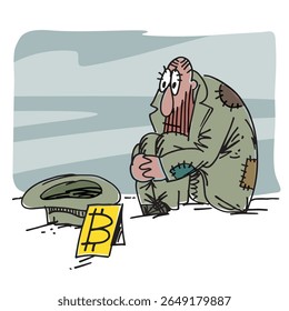 Man with bitcoin, humorous illustration, business cartoon, vector graphics