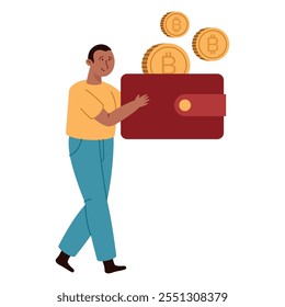 homem com carteira bitcoin isolada