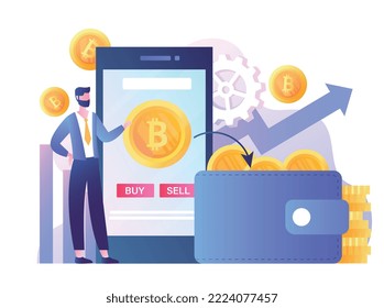 Man with bitcoin. Young guy stands next to smartphone and gold coins. Cryptocurrency and blockchain technology. Successful investor and trader, economics concept. Cartoon flat vector illustration