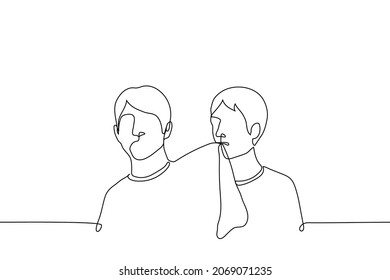 man bites his friend's t-shirt - one line drawing vector. concept of playful man stands behind another man and clenched his teeth t-shirt 