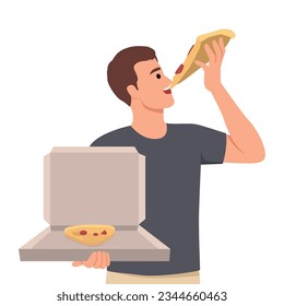 Un hombre muerde una pizza y sostiene una caja de la pizzería italiana, disfrutando del sabor de la comida fresca entregada en el restaurante. Ilustración vectorial plana aislada en fondo blanco