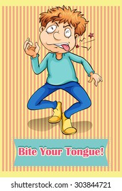 Man biting his tongue illustration