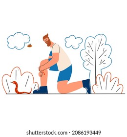 The man was bitten by a poisonous snake in nature. Vector illustration in flat style