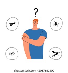 The man was bitten by an unknown insect. Vector hand drawing illustration