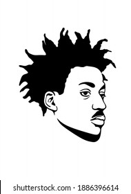 Man. Black African Afro American male face portrait, vector silhouette dreadlocks hairstyle and a beard. Drawing of a human head profile isolated on a white background. Vinyl decal.